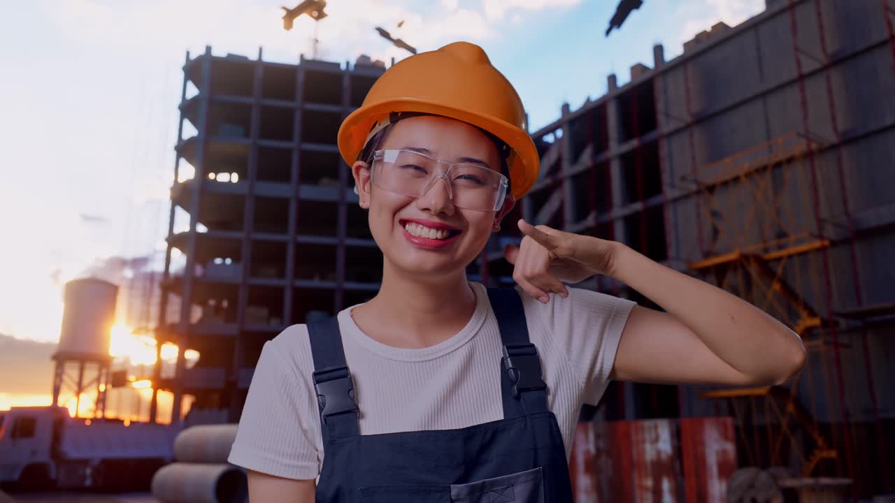 Close Up Of Asian Woman Worker Wearing Goggles And Safety Helmet Smiling And Making Call Me Gesture To Camera While Standing At Construction Site