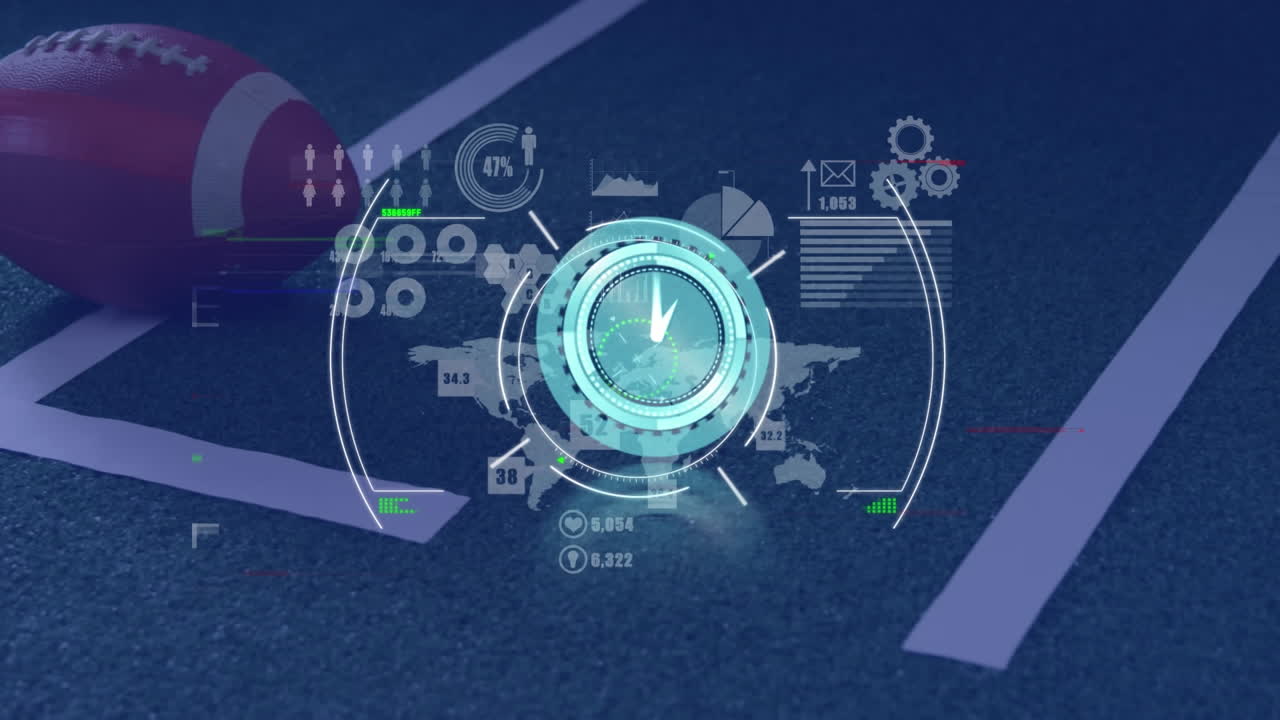 Animation of data processing over rugby ball at sports stadium