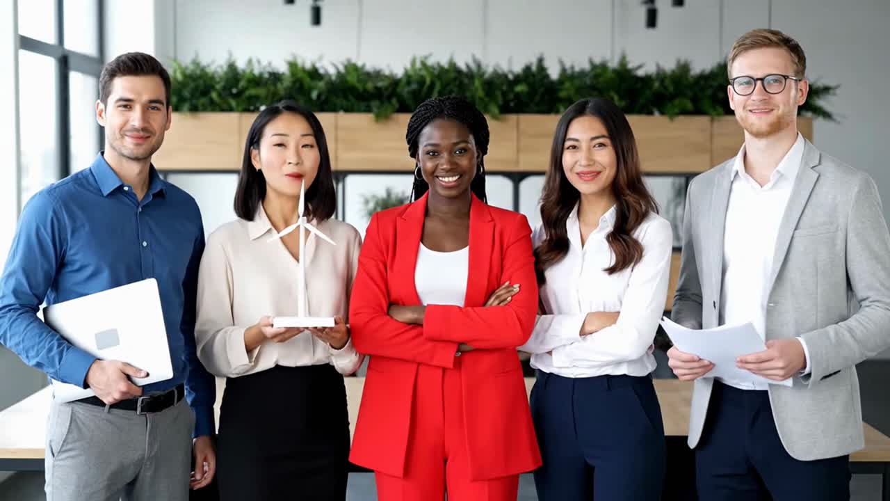 Multiethnic business team standing together with wind turbine model in modern office
