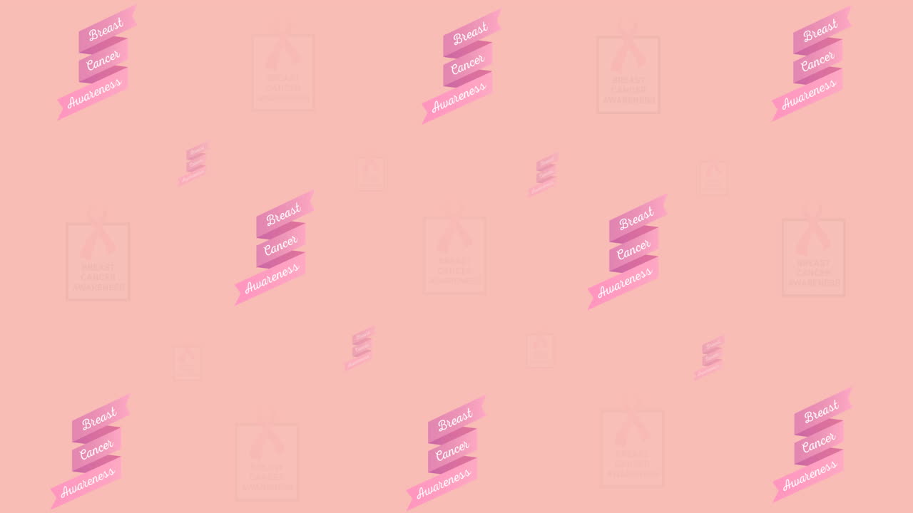 animación de logotipo de cinta rosa múltiple y texto de cáncer de mama que brilla sobre fondo rosa
