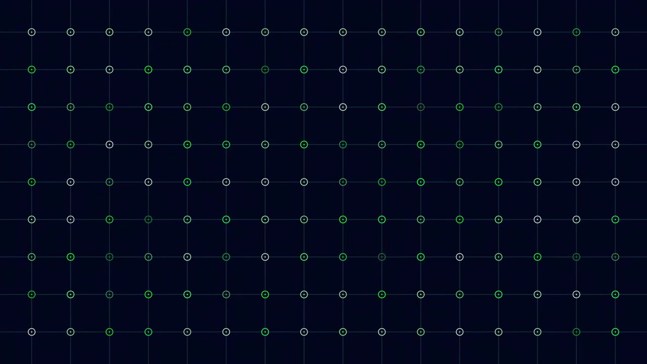 Small green neon rings and dots pattern with grid lines
