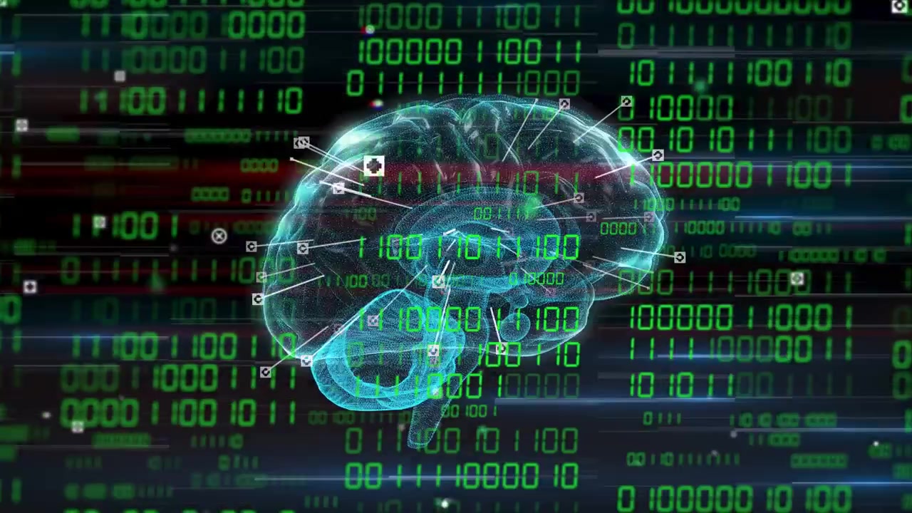 Cyan hologram brain rotating and lighting nodes on binary input, visualizing neural data processing