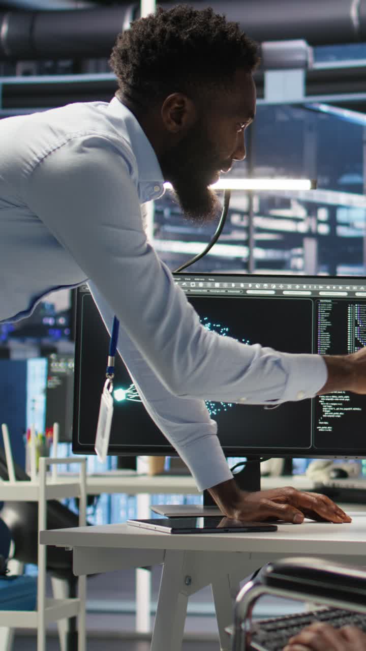 Vertical Video Server Farm Supervisor And Man With Disability Oversee Ai Analytics