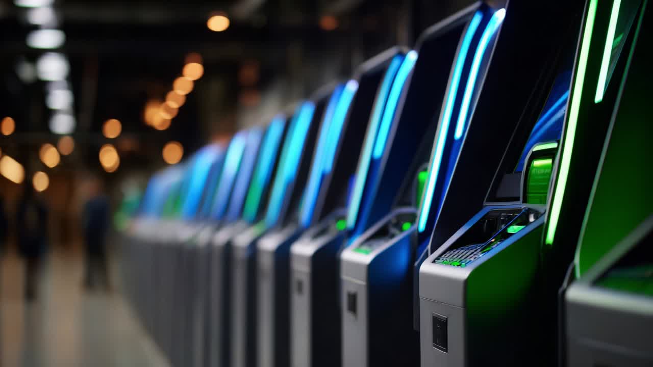 A Row of Modern ATMs Displaying Vibrant LED Lights in a Contemporary Urban Setting, Captured in Two Frames Showing the Progression of Activity and Technology in Financial Transactions