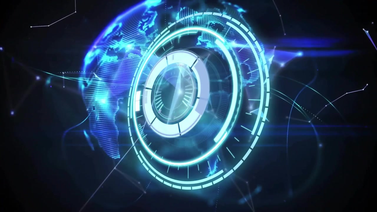On startup holographic interface cycling lit arcs emerging shards orbiting globe for visualization