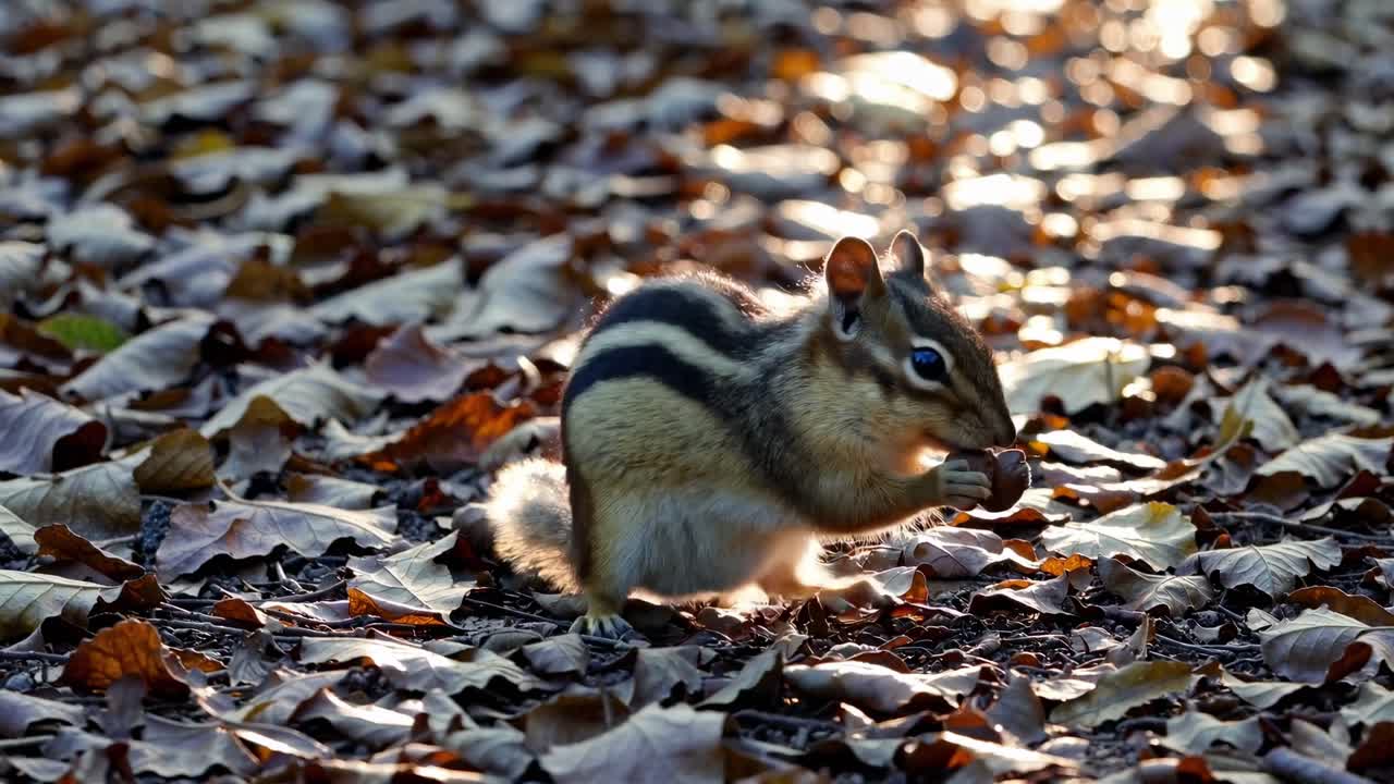 Uno scoiattolo in un ambiente forestale, catturato in un primo piano, scatto dal basso, circondato da foglie autunnali