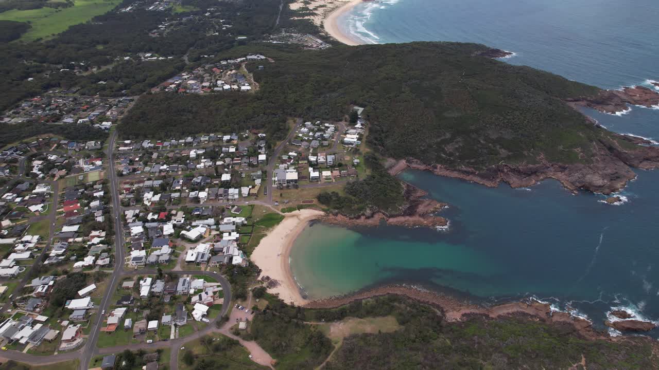 View from Above Of Boat Harbour Beach And Headland In Port Stephens. Hunter Region Of NSW, Australia. aerial shot