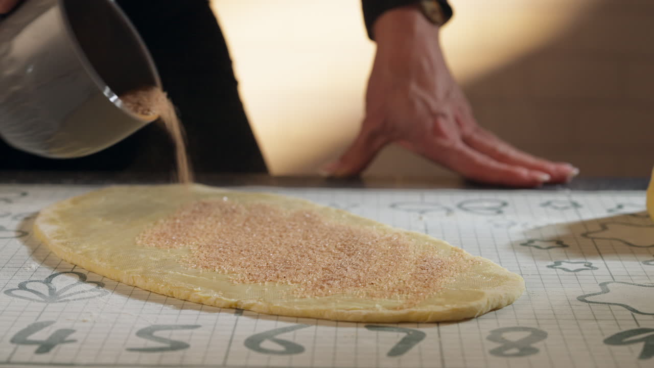Baker Sprinkling Cinnamon Powder Onto Dough. Making Cinnamon Rolls. closeup, sliding shot