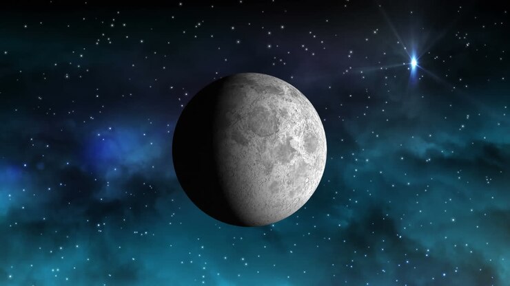 Animação de neve caindo sobre a lua vista através da janela