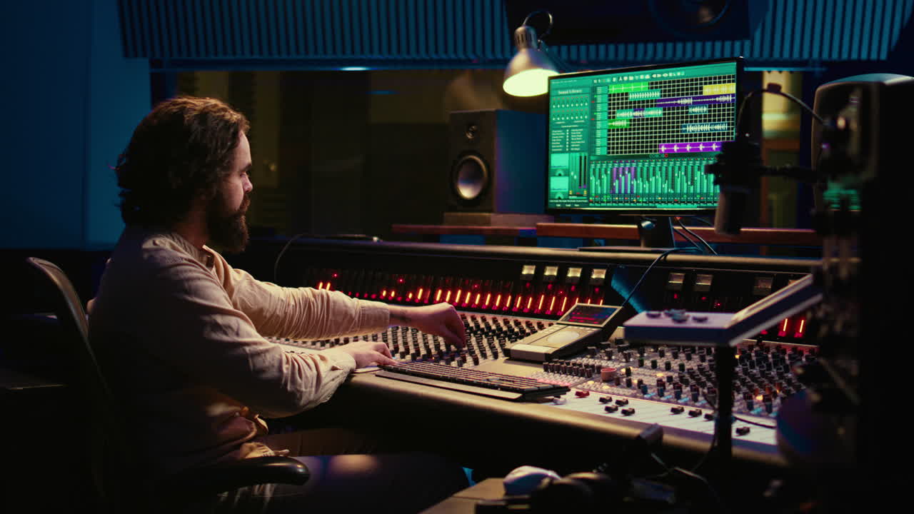 Sound engineer mixing and mastering tracks in professional recording studio