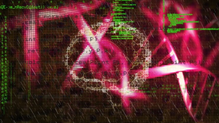 Animation of data processing over human brain icon and dna structures spinning on black background