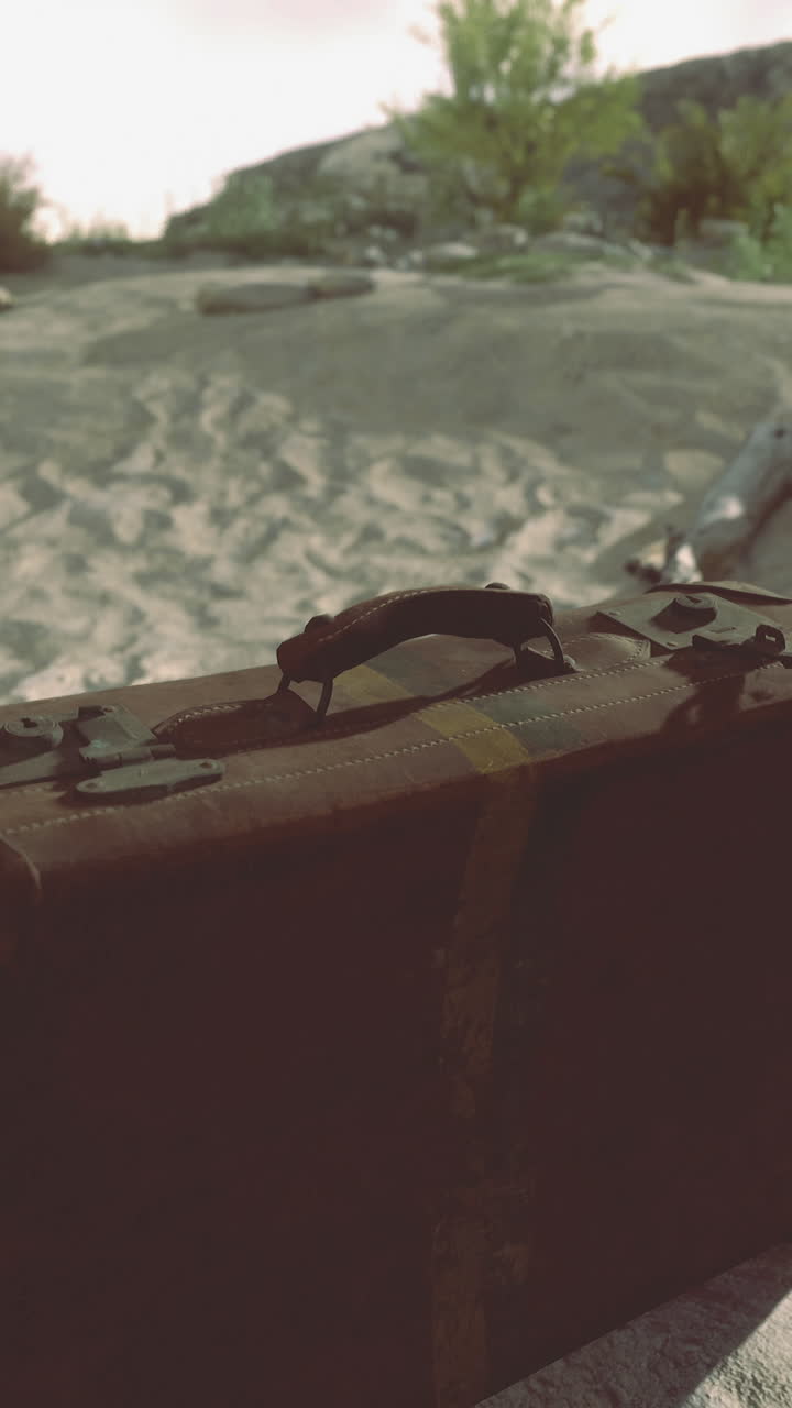 Old suitcase resting on sandy ground near rocky landscape at dusk
