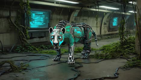 robotic cheetah in an overgrown sci-fi corridor