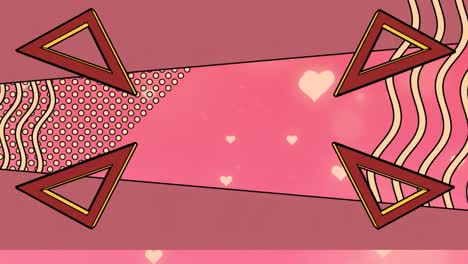 animation of 3d triangles over pink abstract template with heart shapes