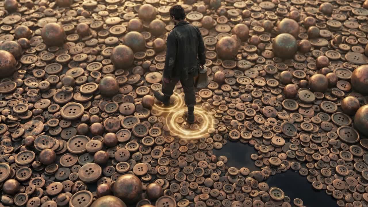 Man Walking on a Surreal Landscape of Glowing Buttons