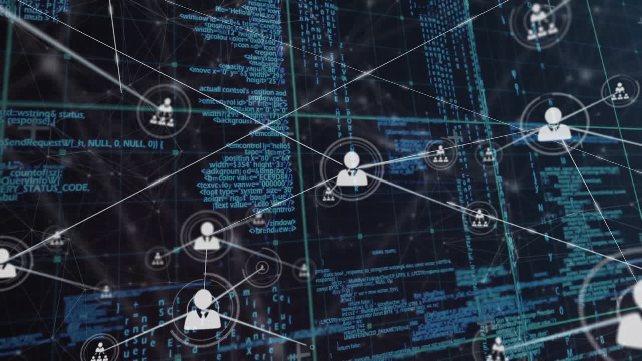 Animation of network of connections with people icons over data processing