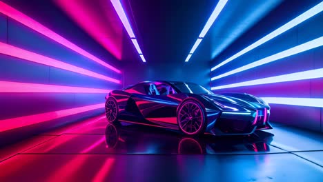 futuristic sports car in a neon garage