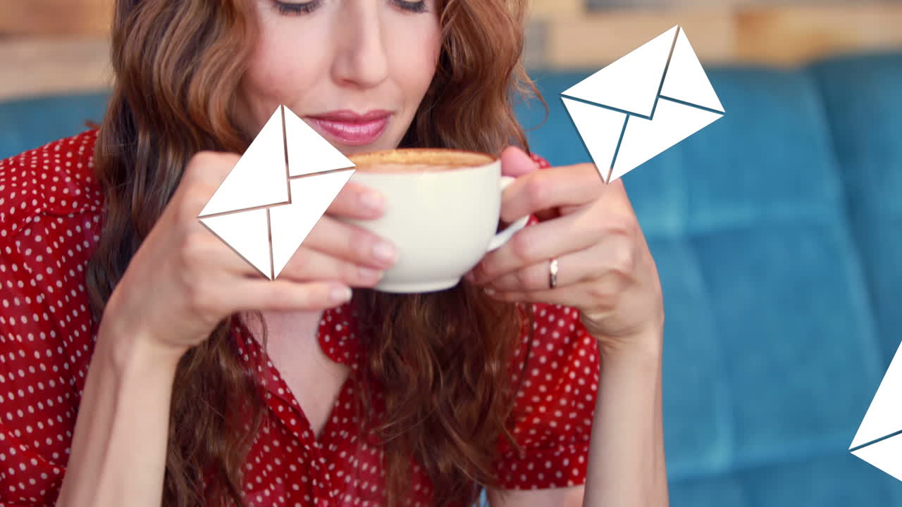 animación de iconos y números de correo electrónico de redes sociales sobre una mujer bebiendo café