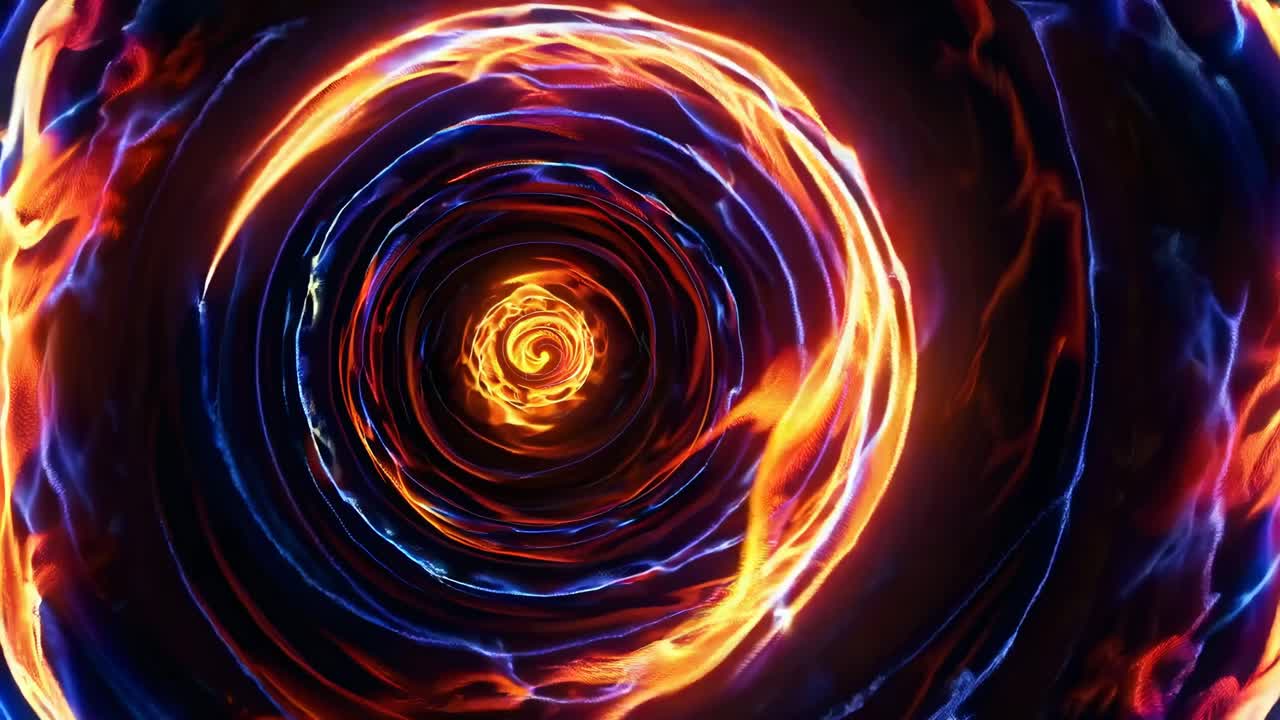 Dynamic spiral of flames captured from above, creating a mesmerizing vortex effect