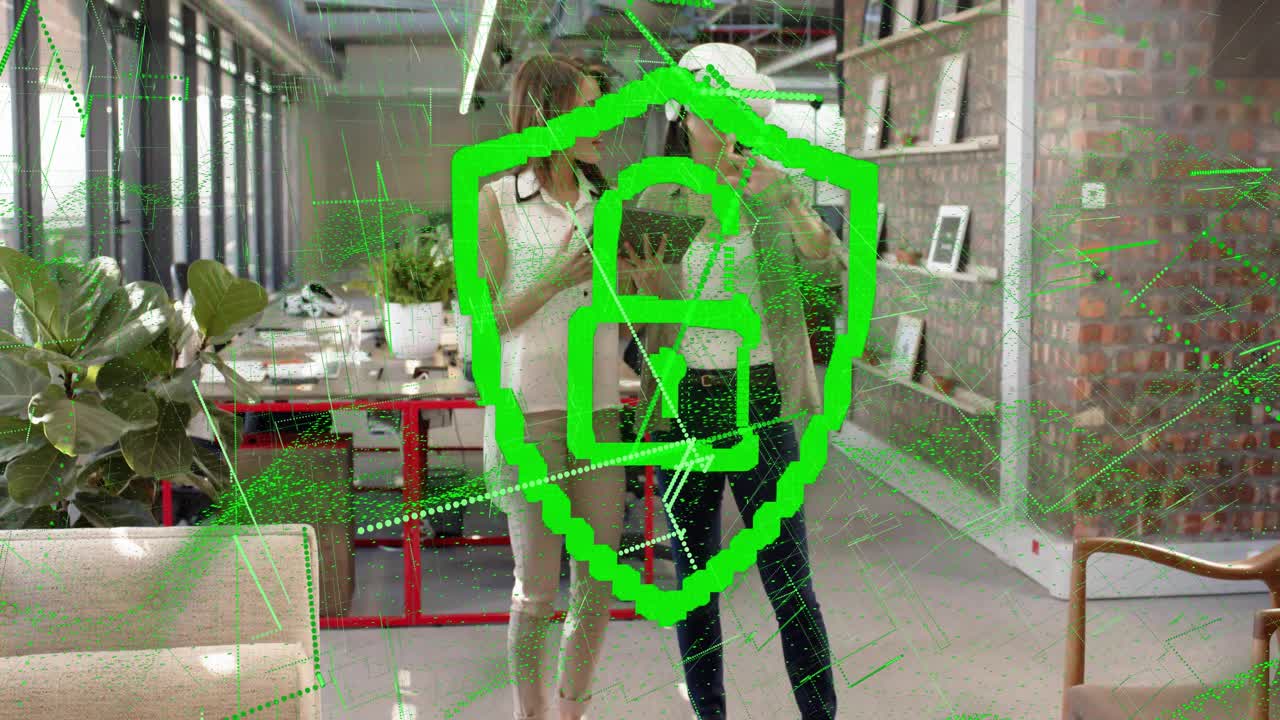 VR user and tablet-guide tapping tablet, launching green shield AR security visuals guiding headset