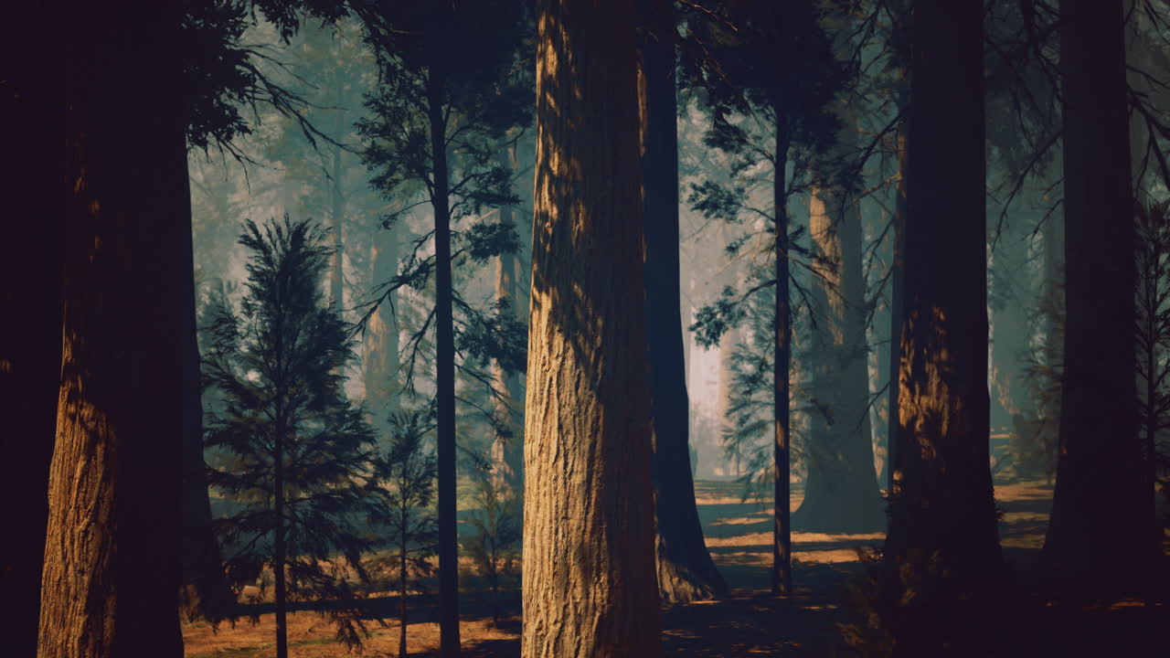 Majestic trees tower over a serene forest landscape during the early morning