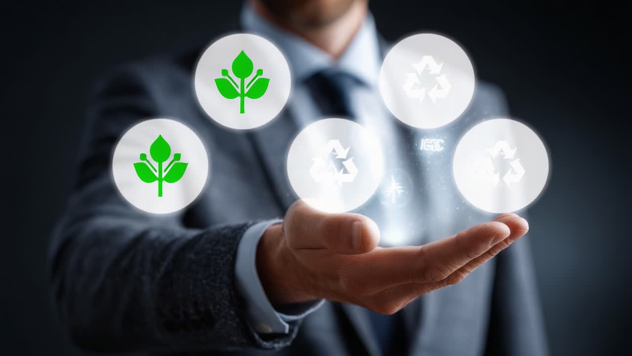 A business professional showcases innovative sustainability concepts through digital representations of eco-friendly icons, emphasizing the importance of environmental responsibility