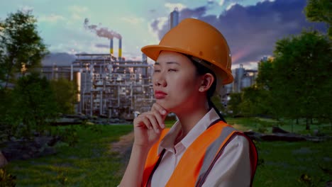 close up side view of asian female engineer with safety helmet thinking about something and looking around while standing in front of oil refinery