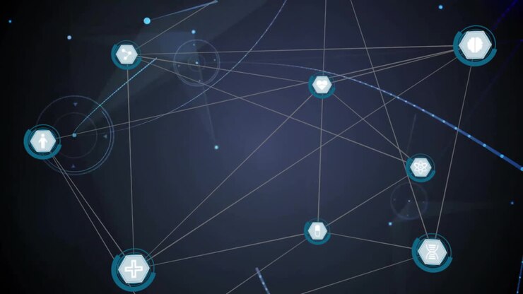 Animación de red de conexiones y procesamiento de datos sobre un fondo oscuro con iconos