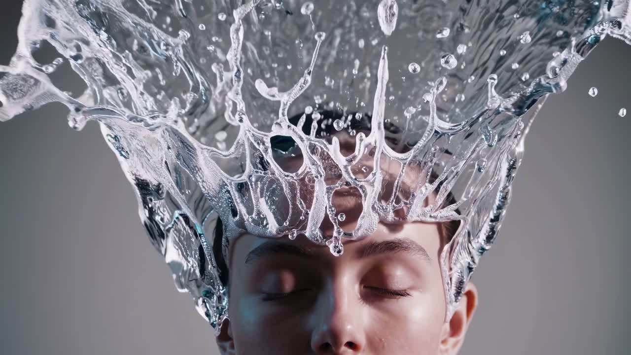Pure clean water splashing on the head of a young woman with closed eyes, enjoying a moment of freshness and well being, promoting hydration and skincare