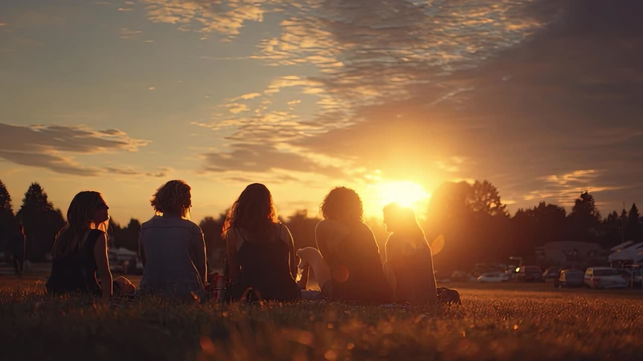 Amici che si godono un tramonto insieme in un sereno parco