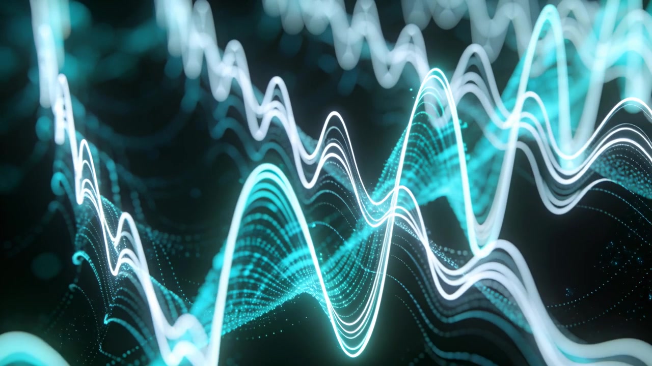 Starting with neon arcs, layered waves shifting across dark void, with dotted mesh specks for depth