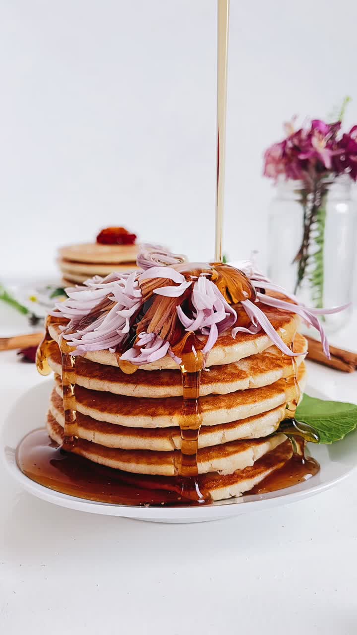 Floral Pancake Stack with Maple Syrup