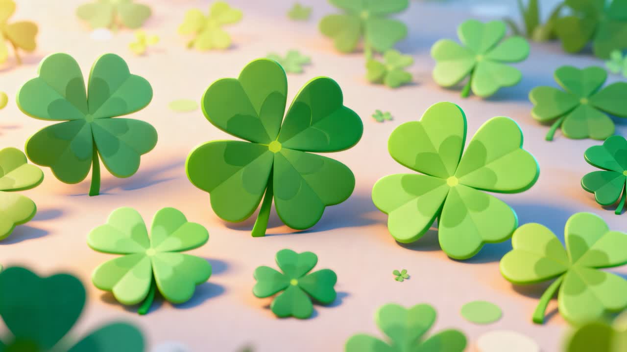 Panning camera reframing paper green clover leaves in studio, showing four-leaf detail and cutouts