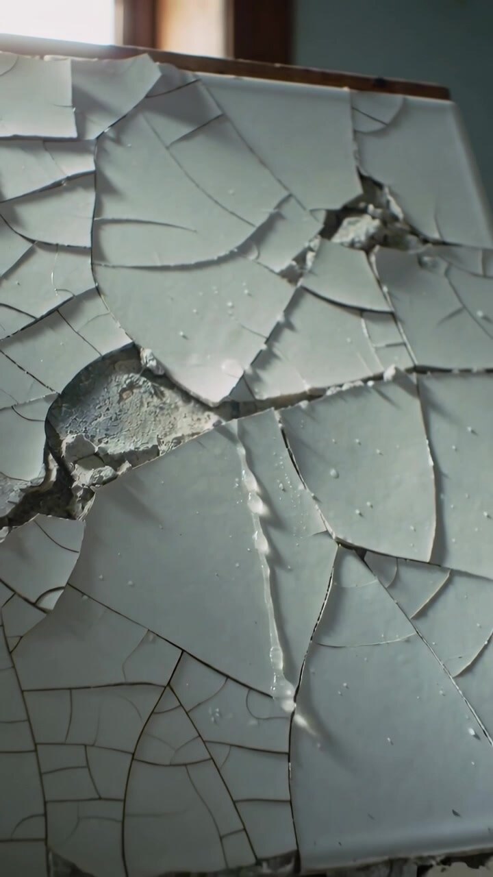 Vertical video: Camera panning painted panel upward, showing peeling paint and plaster for records