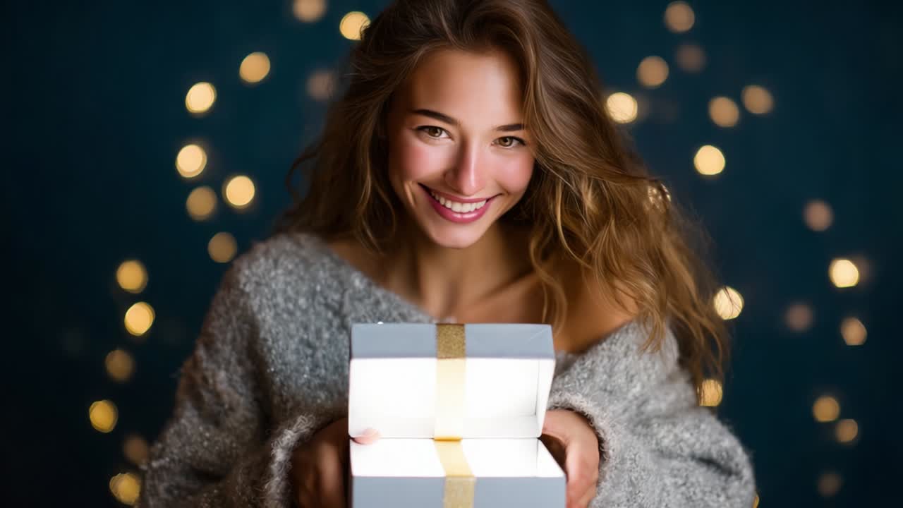 A delighted young woman opens a beautifully wrapped gift, revealing a warm glow while surrounded by twinkling lights, encapsulating the joy and excitement of giving during the festive season