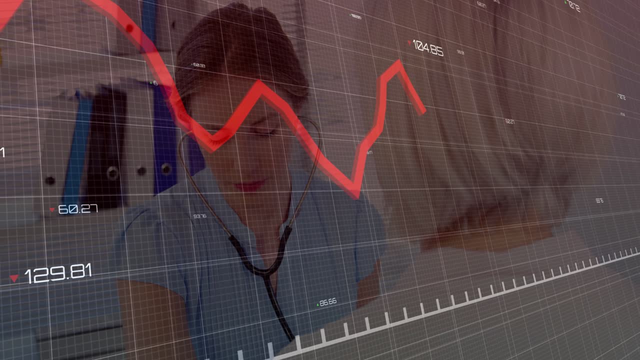 Profesional médico colocando un estetoscopio en un paciente, activando una cuadrícula y un gráfico rojo que muestra los signos vitales.