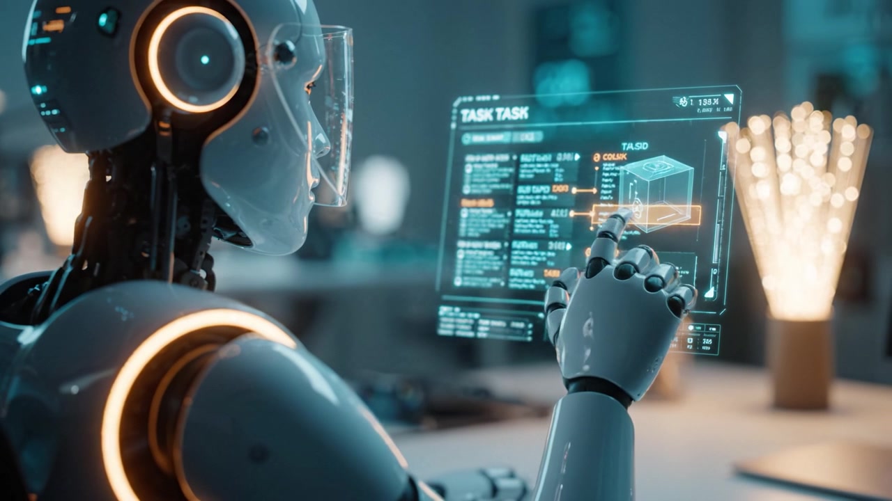 Robot Futuristico che Analizza Dati su Interfaccia Olografica in uno Spazio di Lavoro High-Tech con Elementi Luminosi e Display di Tecnologia Avanzata