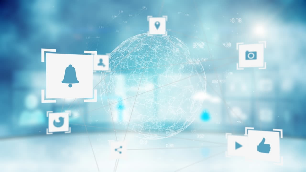 전 세계 소셜 미디어 아이콘과의 연결 네트워크의 애니메이션