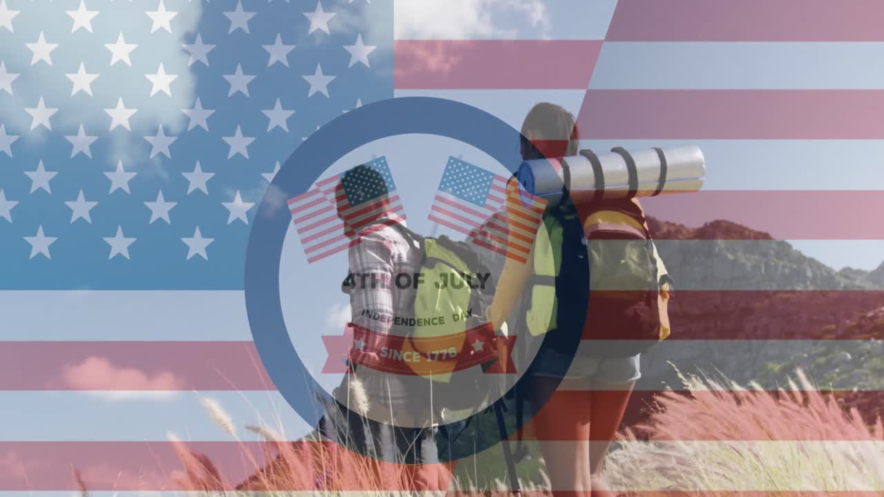 animación del texto del día de la independencia sobre la caminata de una pareja diversa sonriente