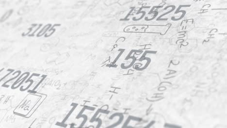 digital animation of multiple changing numbers against chemical structures and formulas on grey back