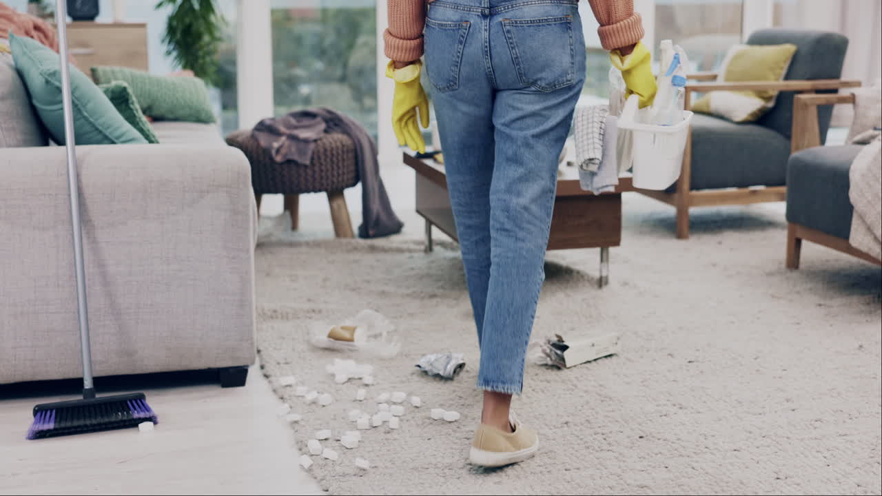 limpieza, mujer caminando y de vuelta en la sala de estar