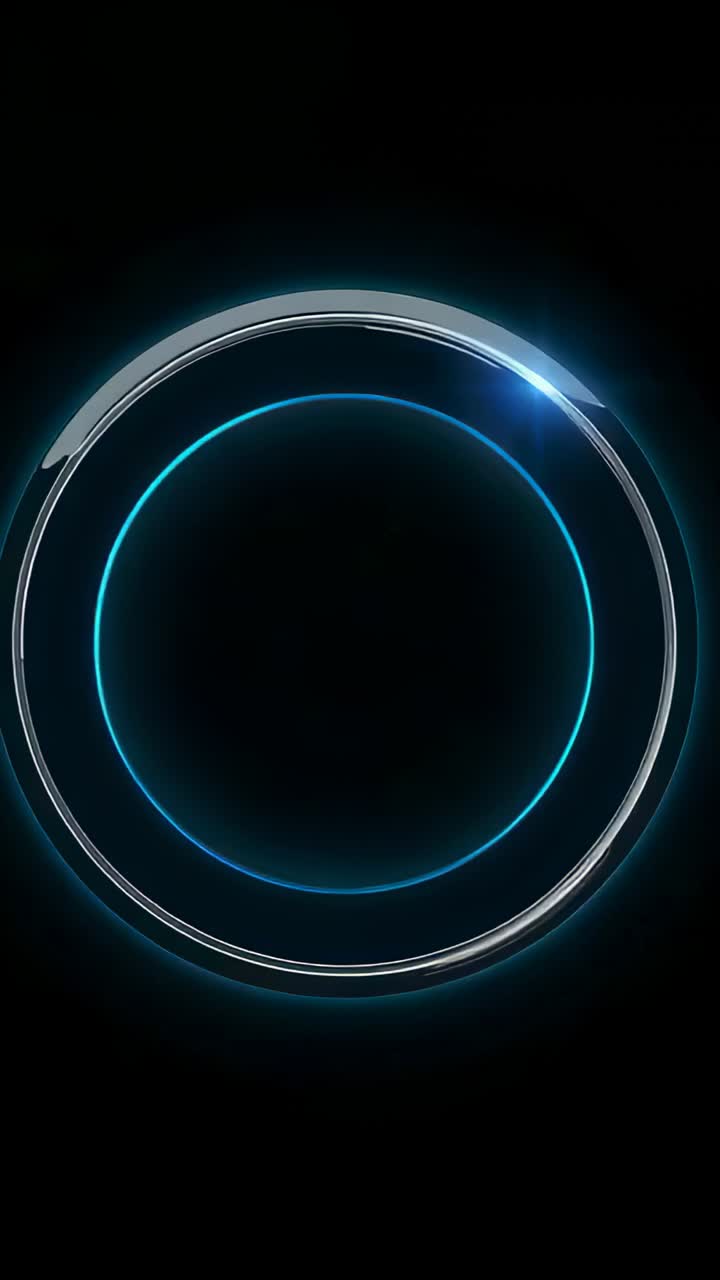 Vertical video: Cue activating ring rotating in black void, showing cyan disc and flare for reveal