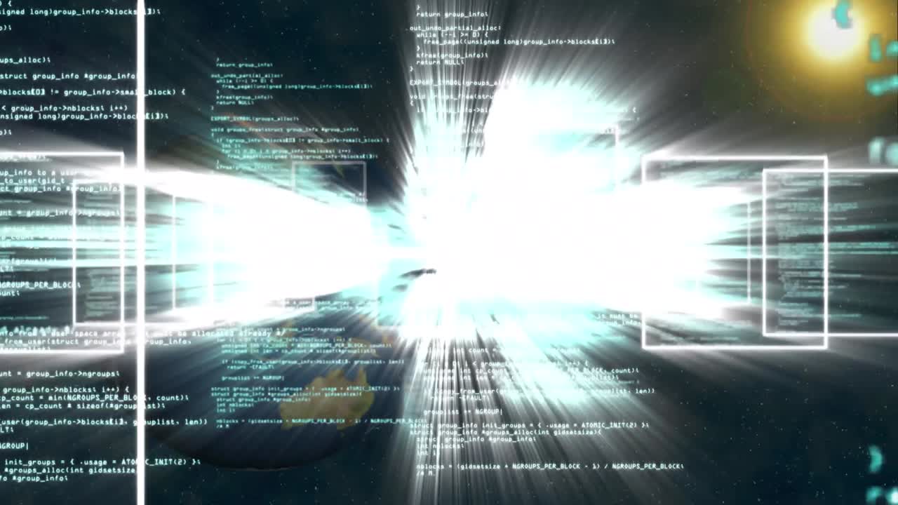 Animation of data processing, lights and globe in black space