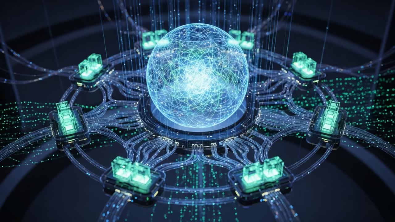 A Captivating View of a Futuristic Energy Sphere Surrounded by Digital Connections and Green Energy Capsules in a High-Tech Environment