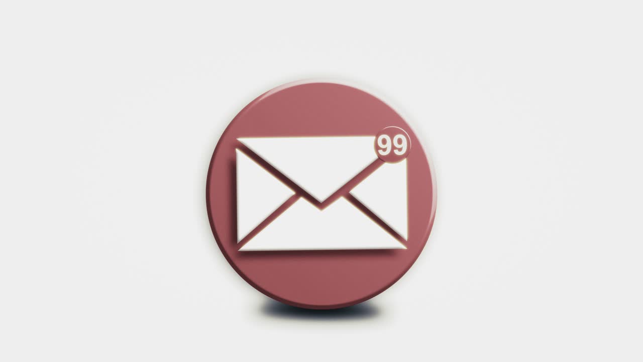 A looping 3D icon of a mail envelope with an animated red notification badge. This motion graphic represents incoming emails, alerts, and unread messages, including spam and junk mail