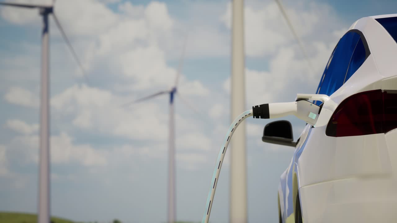 Environmentally Friendly Electric Car Charging On The Background Of Wind Turbines. Clear Blue Sky Background Of Ev Station With Port Plugged In Car, Realistic 3D Rendering, Alternative Energy Concept
