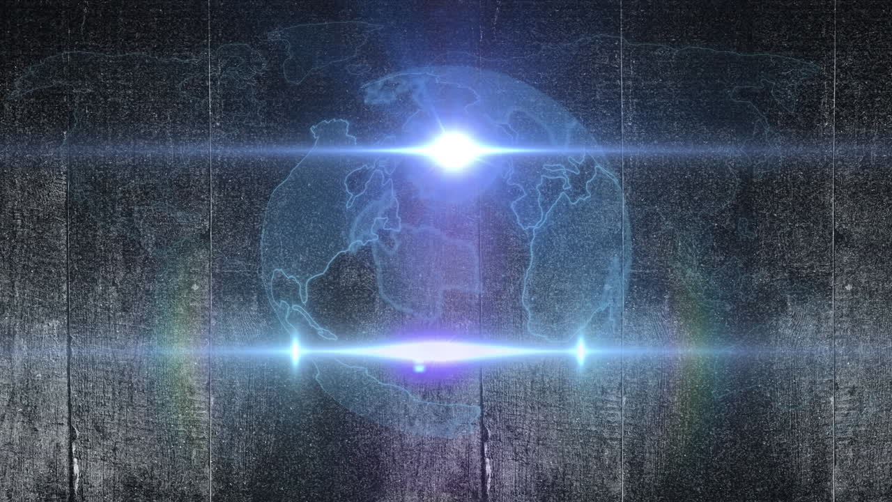 Animation of globe with world map and light trails on wooden background