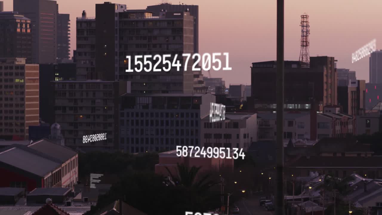 Animazione di numeri che cambiano su una vista aerea di un paesaggio urbano.
