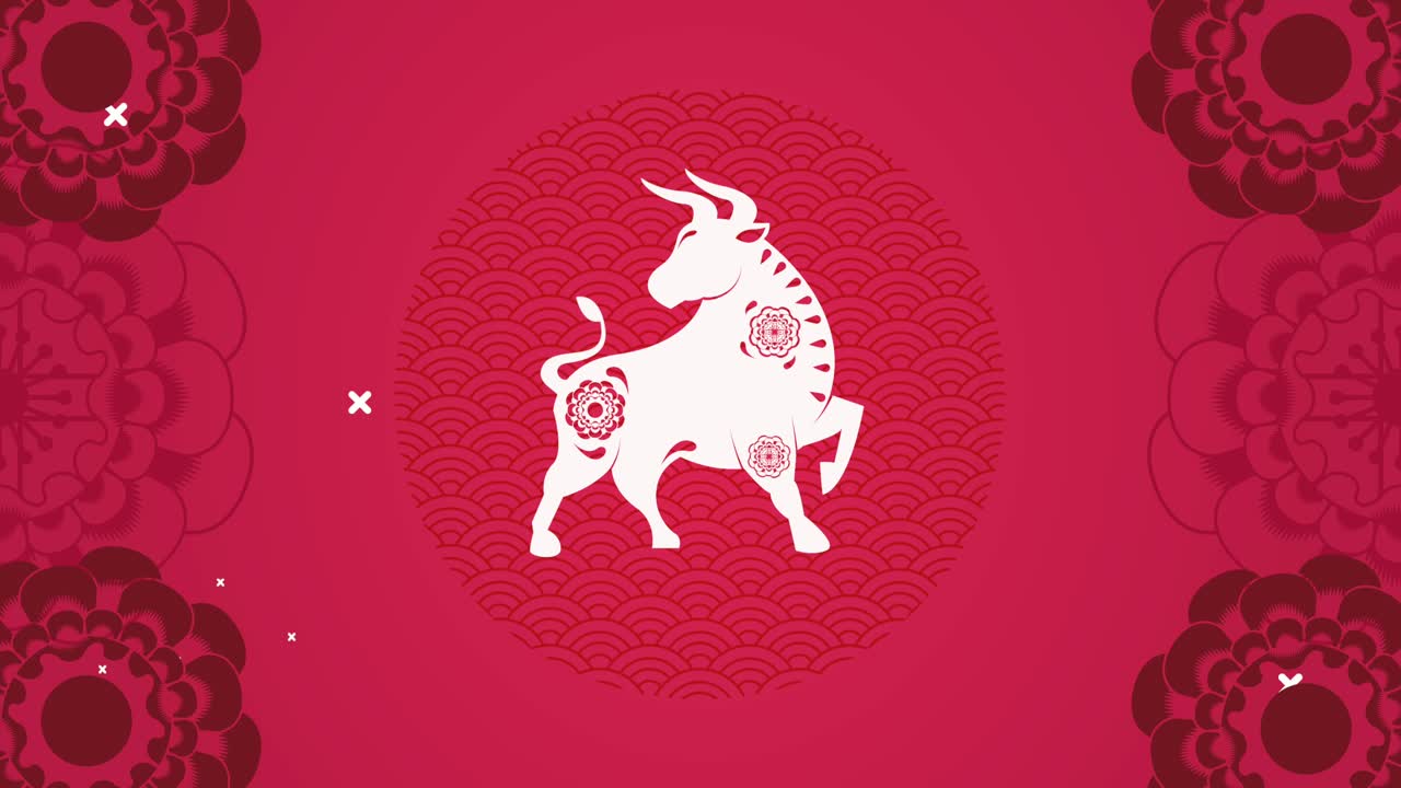 feliz año nuevo chino con buey y marco floral