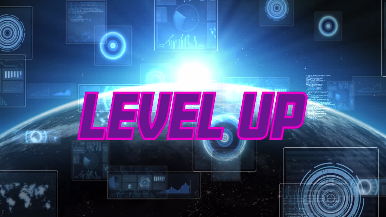 검은 바탕에 지구를 가진 레벨 업 텍스트 및 데이터 처리의 애니메이션